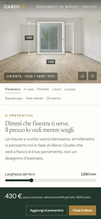 Cardine visto dal telefono: la finestra sopra e il prezzo di 430 euro sempre in basso