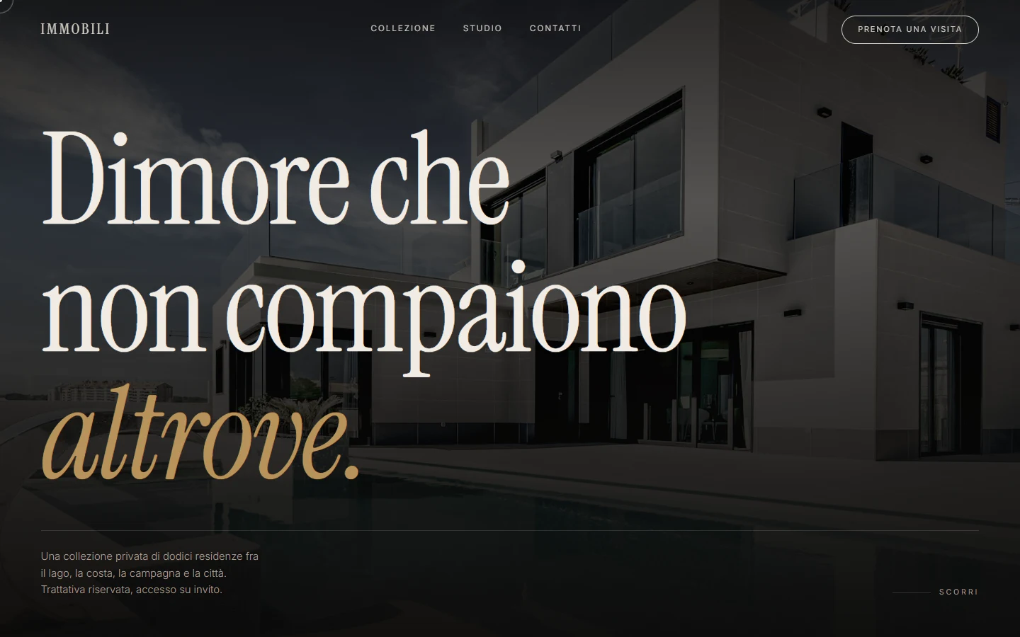 Immobili visto dal computer: una villa con piscina e la scritta Scopri il Lusso, immobili esclusivi a portata di click
