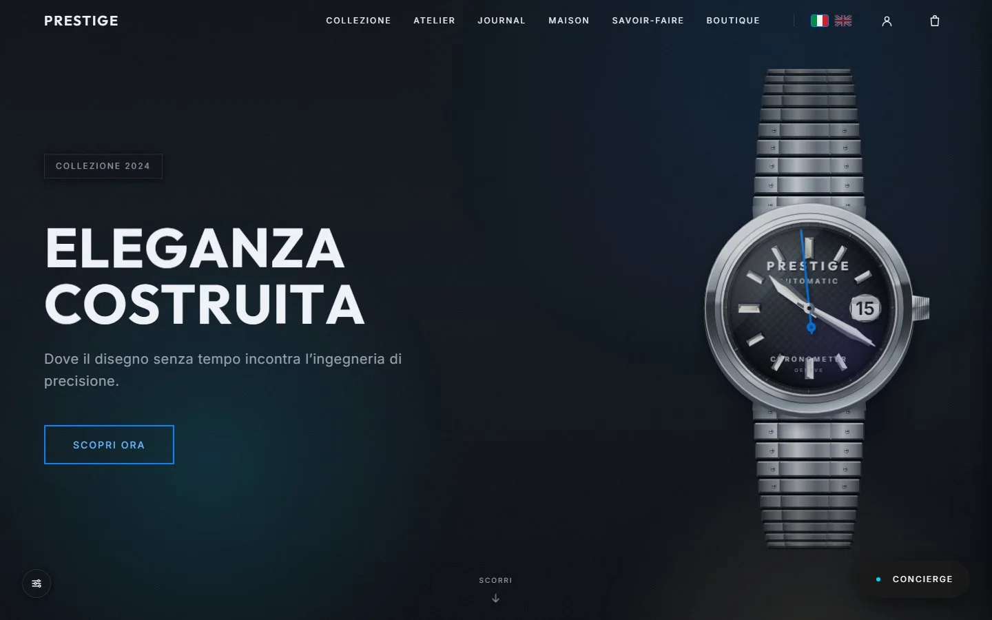 PRESTIGE visto dal computer: la scritta Eleganza costruita e un orologio in tre dimensioni su fondo blu notte