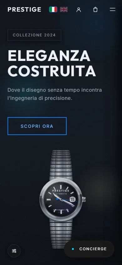 PRESTIGE visto dal telefono: lo stesso titolo con il pulsante Scopri ora