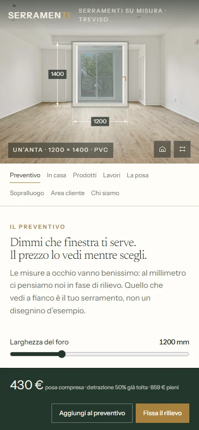 Serramenti visto dal telefono: la finestra sopra e il prezzo di 430 euro sempre in basso